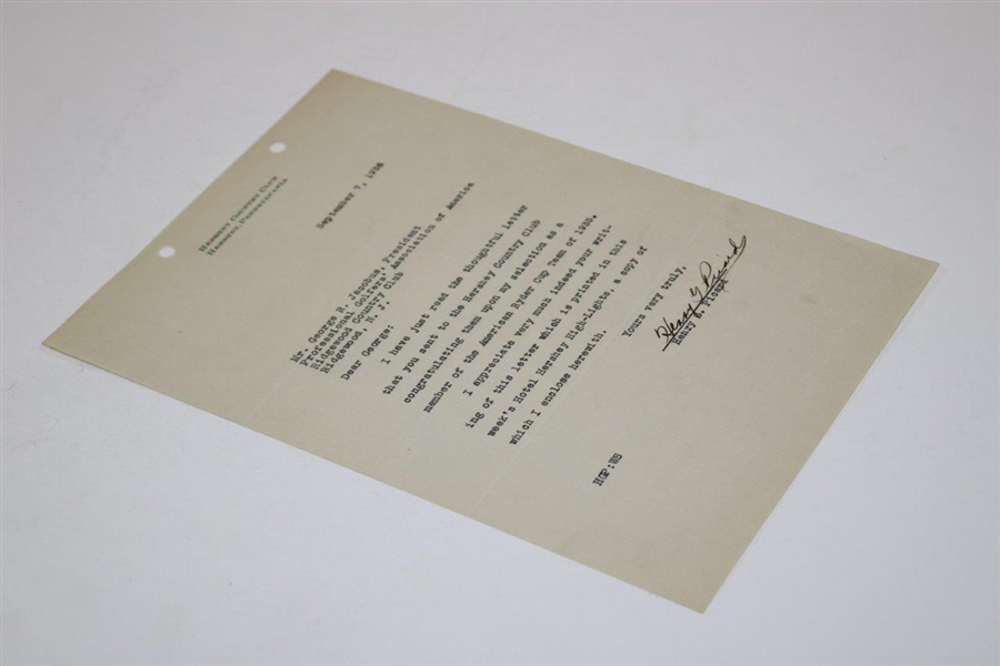 Henry 'HG' Picard Signed 1935 Typed Letter on Hershey Country Club Letterhead 9/7 JSA ALOA
