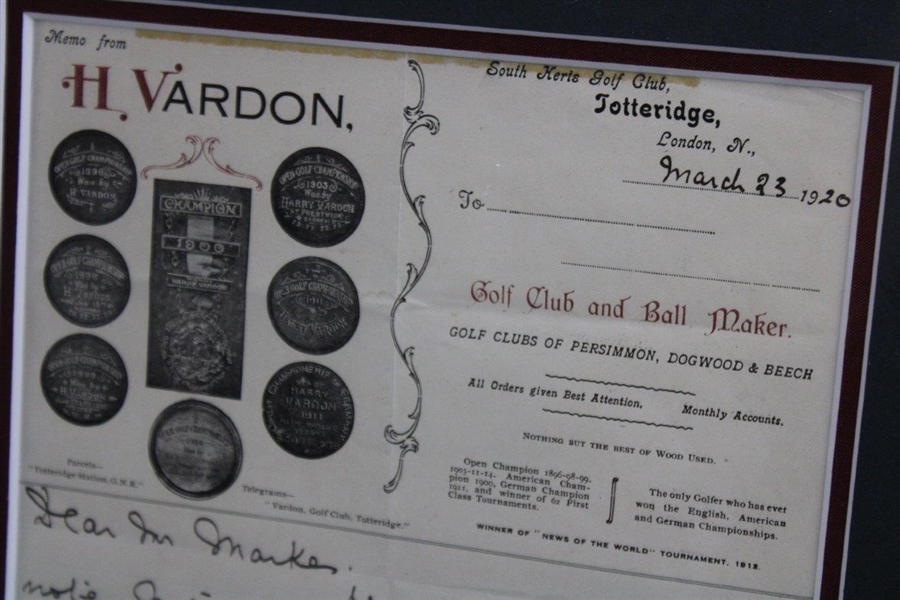 Harry Vardon Signed 1920 Letter w/Photo & Histories Only 6 Time British Open Champion Nameplate JSA ALOA