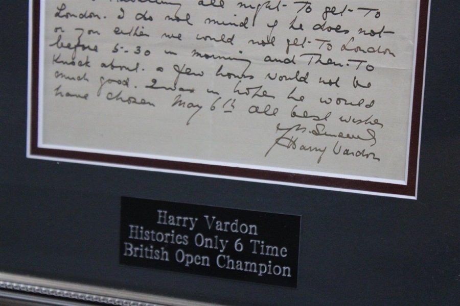 Harry Vardon Signed 1920 Letter w/Photo & Histories Only 6 Time British Open Champion Nameplate JSA ALOA