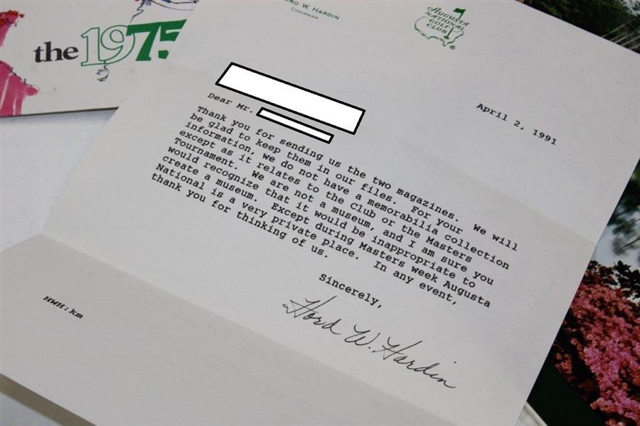 Augusta National Chairman Hord Hardin Signed 1991 Letter, 1975 Masters TV Guide & 1984 Masters Telecast Guide