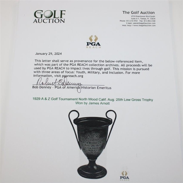 1929 A & Z Golf Tournament North Wood Calif. Aug. 25th Low Gross Trophy Won by James Arnott