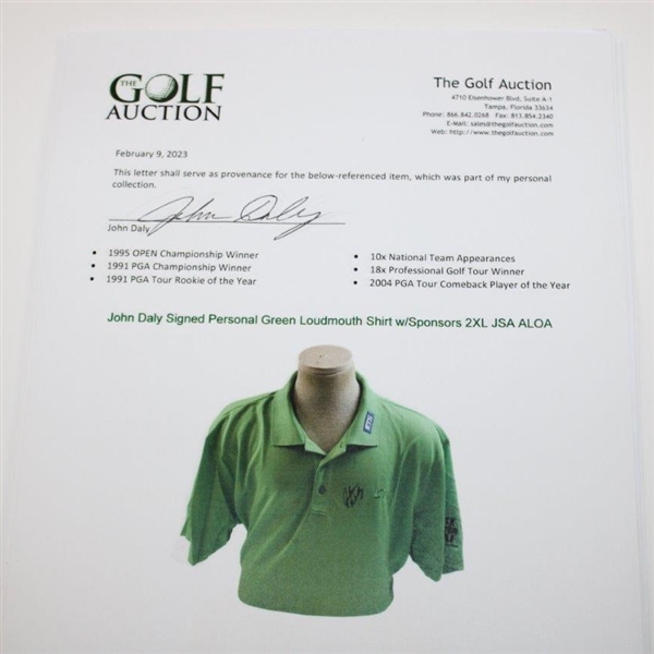 John Daly Signed Personal Green Loudmouth Shirt w/Sponsors 2XL JSA ALOA