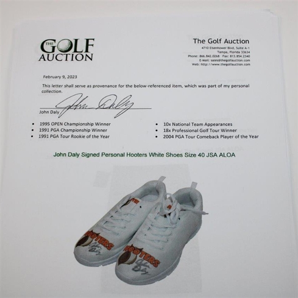 John Daly Signed Personal Hooters White Shoes Size 40 JSA ALOA
