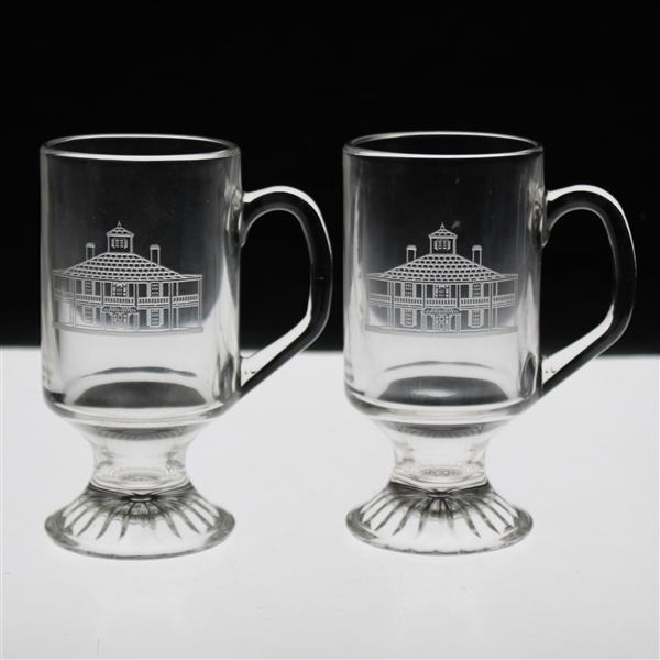 Two (2) Augusta National Golf Club Glass 'Clubhouse' Logo Pedestal Coffee Mugs