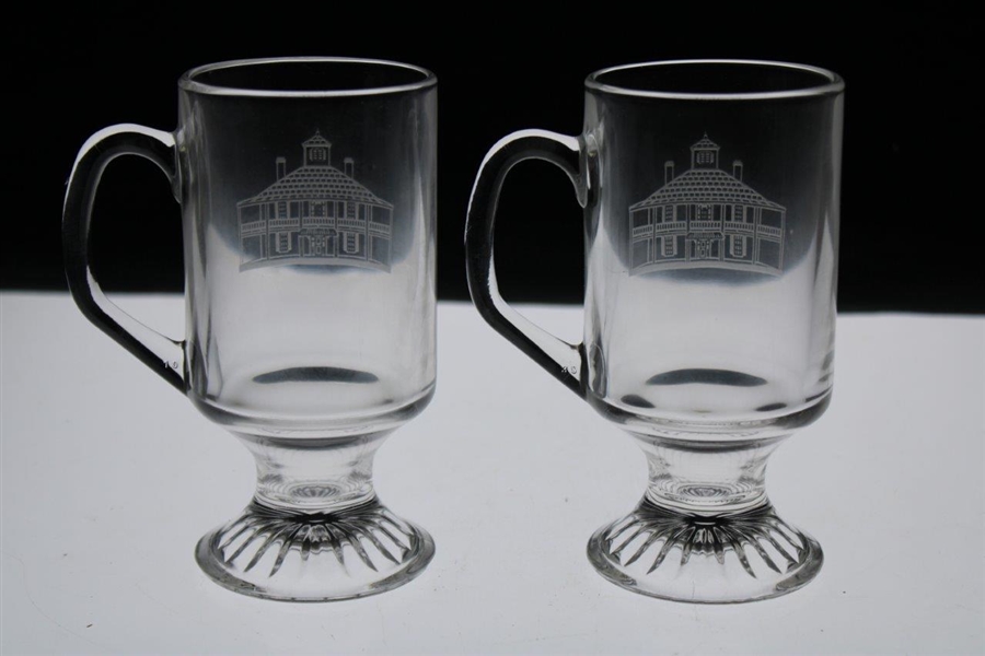 Two (2) Augusta National Golf Club Glass 'Clubhouse' Logo Pedestal Coffee Mugs