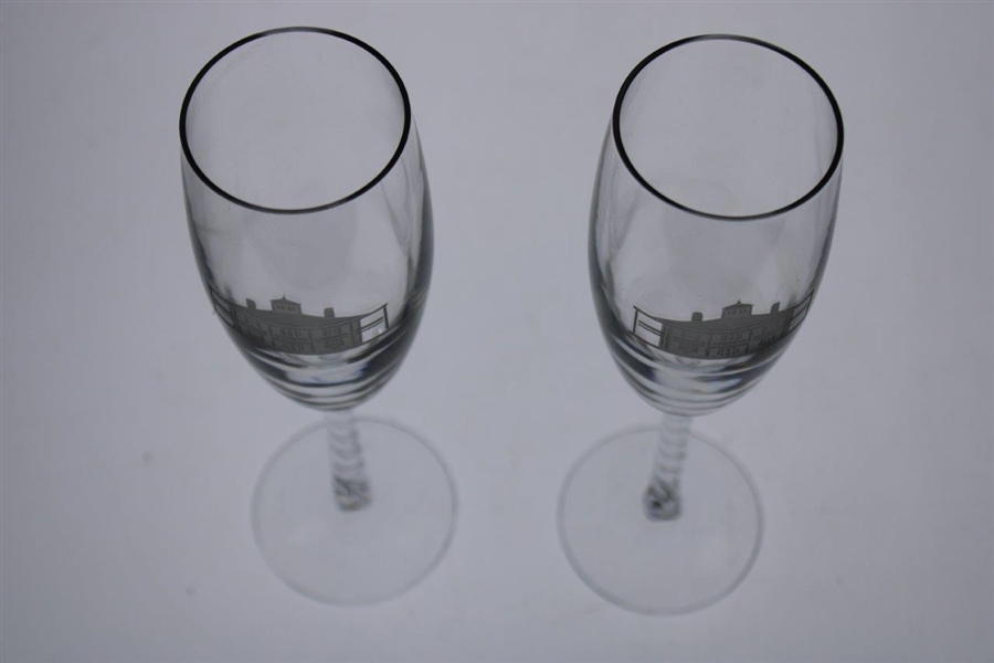 Two (2) Augusta National Golf Club Glass 'Clubhouse' Logo Flute Champagne Glasses