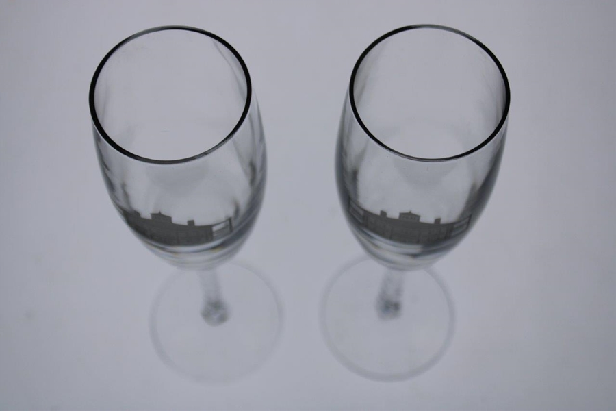 Two (2) Augusta National Golf Club Glass 'Clubhouse' Logo Flute Champagne Glasses