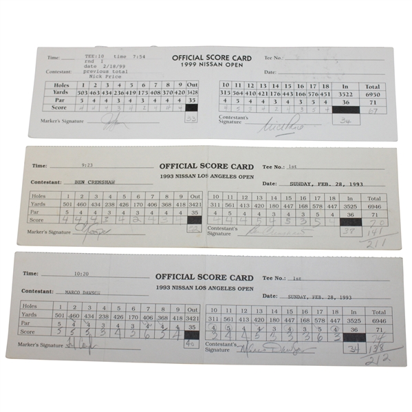Price, Crenshaw & 4 Others Signed 1993 & 1999 Nissan Open Used Scorecards 