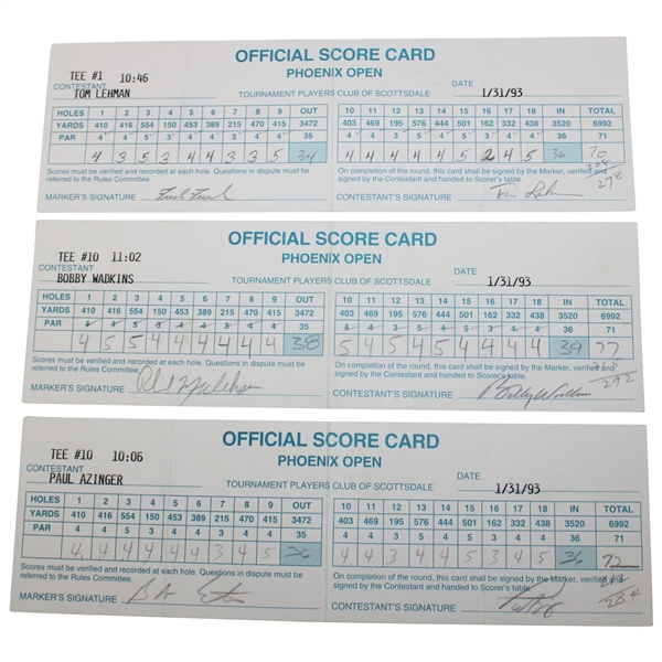 Azinger, Wadkins, Lehman & 3 Others Signed 1993 Phoenix Open Used Scorecards 