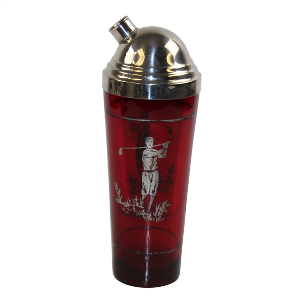 Red Sterling Silver Overlay Golf Theme Glass Cocktail Shaker