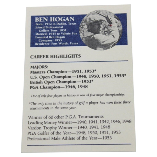 Ben Hogan Facsimile Signed Career Highlights Card