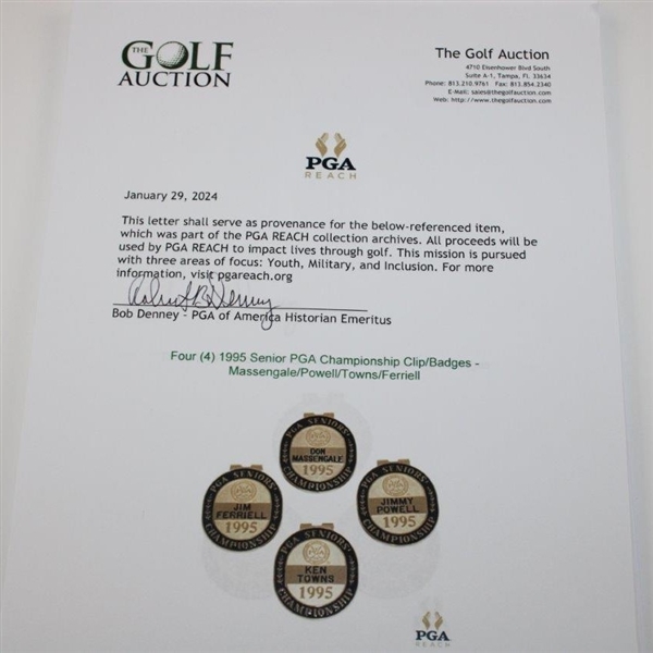 Four (4) 1995 Senior PGA Championship Clip/Badges - Massengale/Powell/Towns/Ferriell