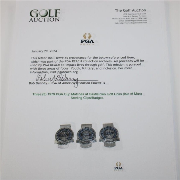 Three (3) 1979 PGA Cup Matches at Castletown Golf Links (Isle of Man) Sterling Clips/Badges