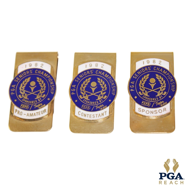 Three (3) 1982 PGA Seniors' Championship Clips/Badges - Contestant/Pro-Amateur/Sponsor