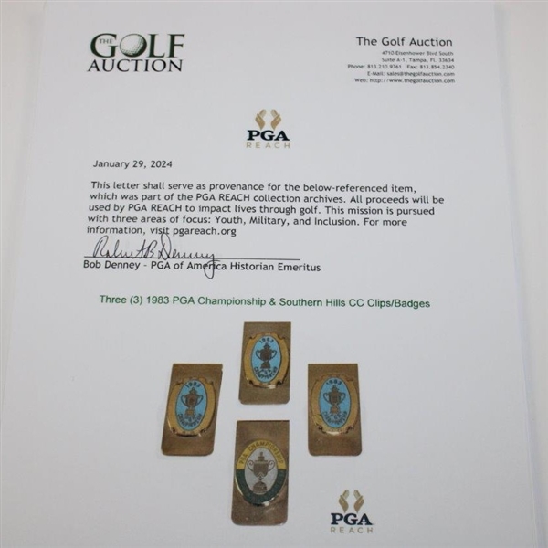 Three (3) 1983 PGA Championship & Southern Hills CC Clips/Badges