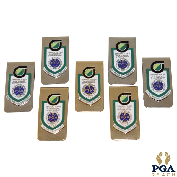 Three (3) 1986 (Gold) & Four (4) 1984 (Silver) PGA Seniors' Championship Clips/Badges