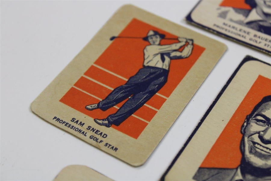 Seven (7) Hand Cut Golf Cards - Hogan, Snead (x2), Berg, M. Bauer (x2) & A. Bauer