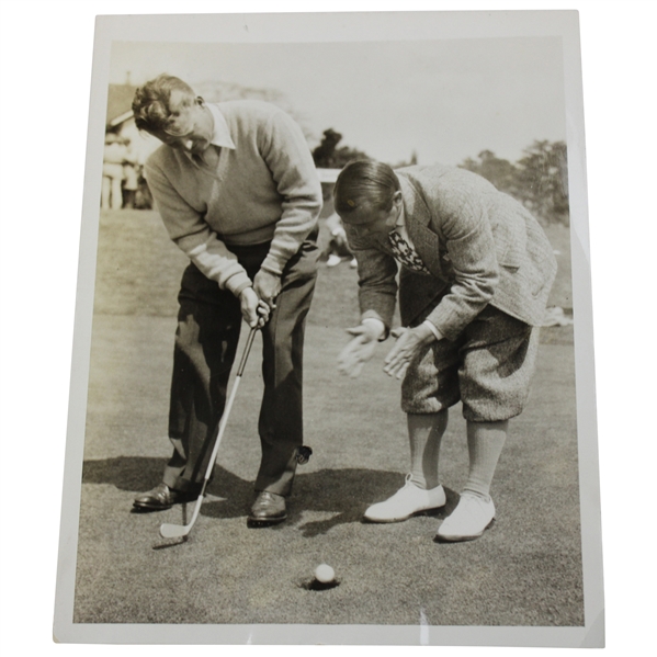 Gene Sarazen Lining Up A Putt With A Fellow Golfer Press Photo