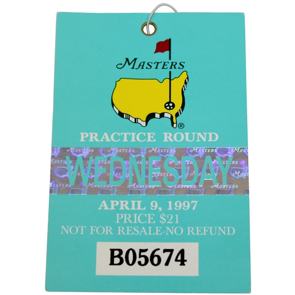 1997 Masters Tournament Wednesday Practice Rd Ticket #B05674 - Tiger Woods' 1st Masters Win