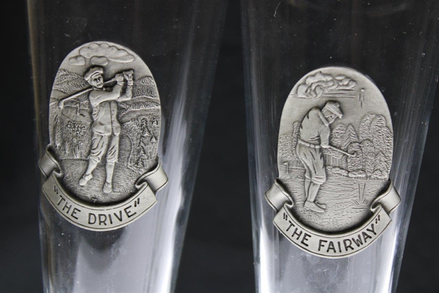 Set of Four (4) Golf Themed Drive, Fairway, Sand & Putt Pewter Emblem Champagne Glasses