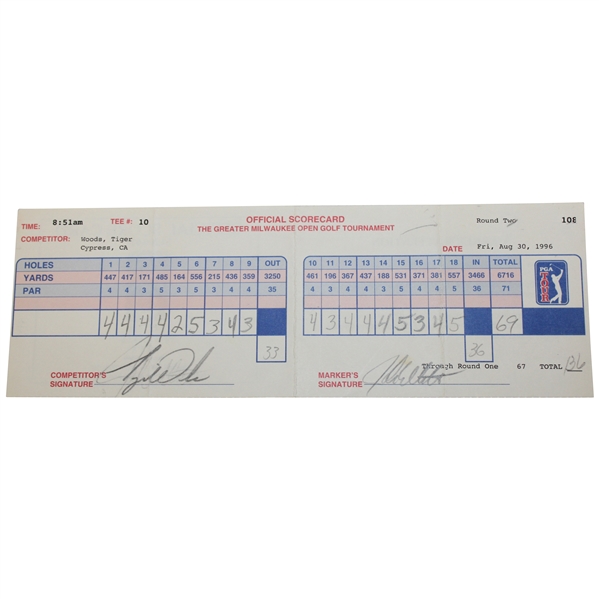Tiger Woods Pro Debut 1996 GMO First Career Made Cut Friday Official PGA USED Scorecard