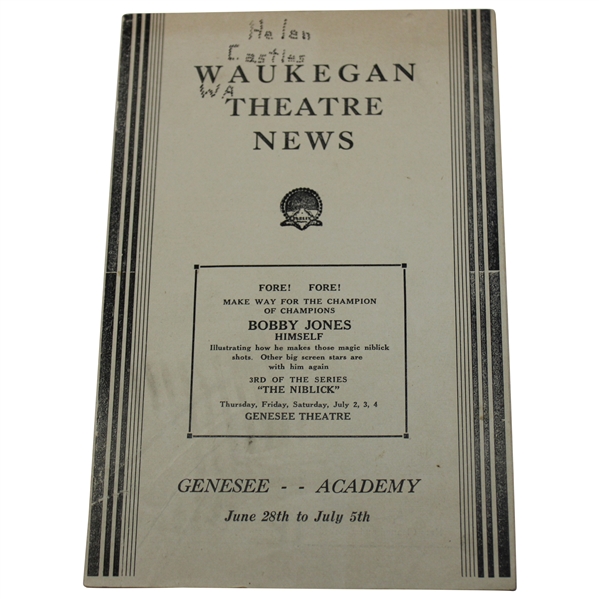 c.1931 Bobby Jones Waukegan Theatre News Hand Bill