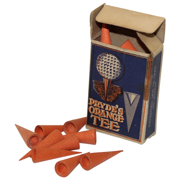 c.1925 Pryde's Orange Tee Golf Box with Eighteen (18) Tees