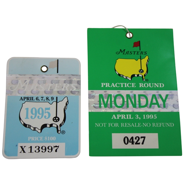 1995 Masters Series Badge #X13997 & 1995 Monday Ticket #0427 - Crenshaw Win & Tiger Debut