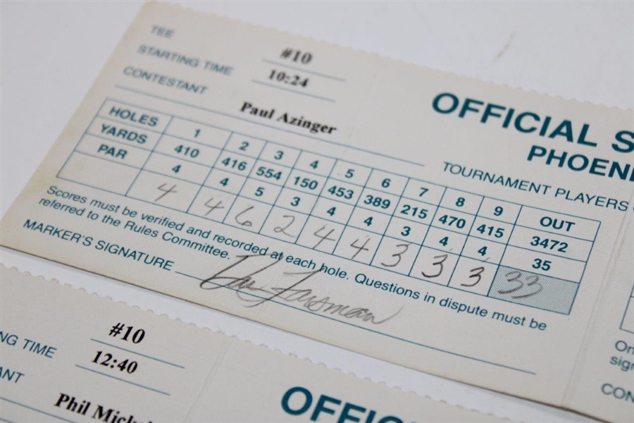 Original scorecards from the 1995 Phoenix Open-All Major Champions-Phil Mickelson, Paul Azinger and Mark Calcavechia (with Lanny Wadkins as scorer) JSA ALOA 