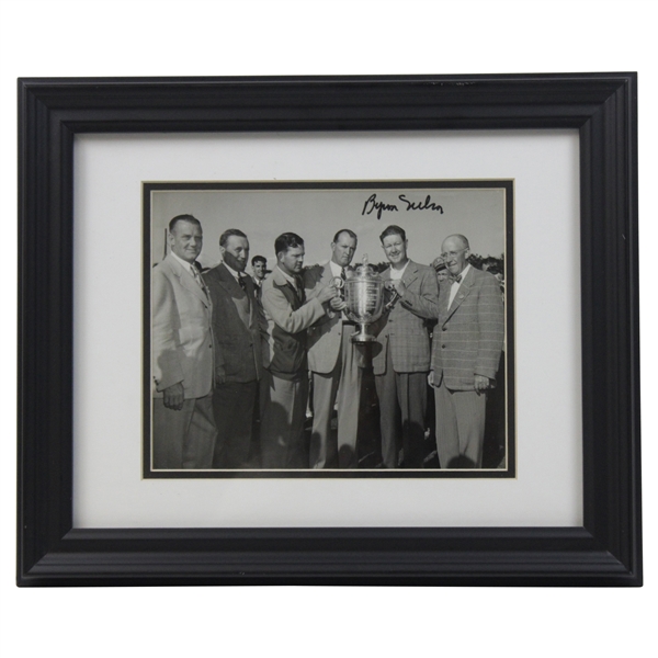 Byron Nelson Signed/Framed Original Photo holding the 1945 PGA trophy with runner up Sam Byrd and Ed Dudley, PGA President 