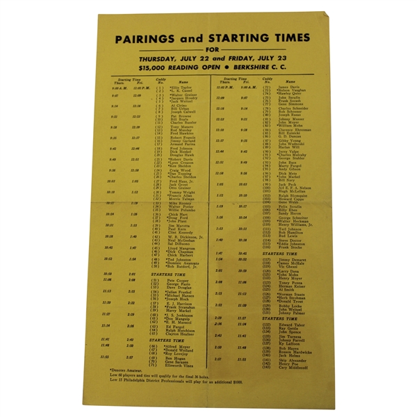 1948 Reading Open Pairing Sheet  - Berkshire C.C. Won by Ben Hogan