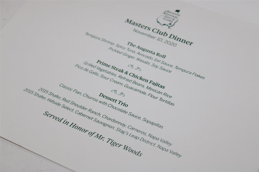 2020 Masters Tournament Champs Dinner Menu - Served in Honor of Tiger Woods