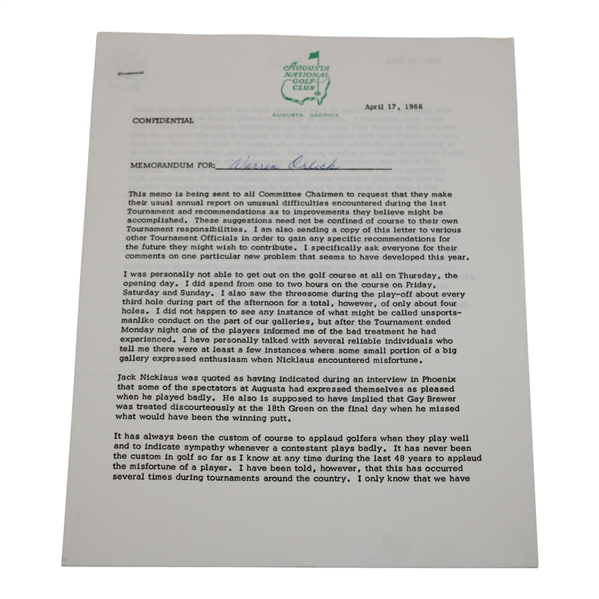 Clifford Roberts Signed 1966 Augusta National GC Confidential Letter For Warren Orlick JSA ALOA