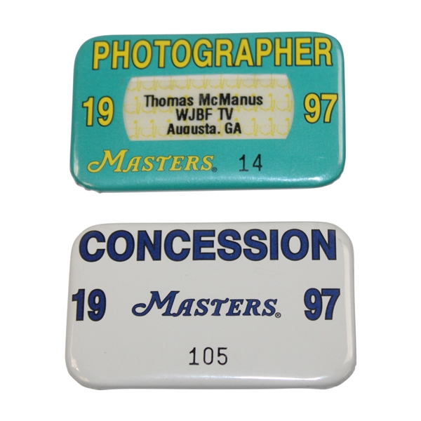 1997 Masters Concession Badge #105 & Photographer Badge #14 - Tiger Woods Win