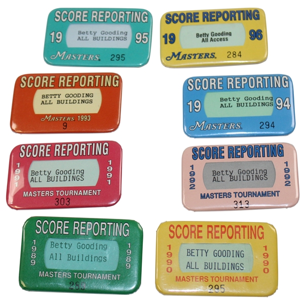 Eight (8) Masters Tournament Score Reporting Badges - 1989-1996