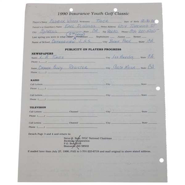 Tiger Woods Signed 1990 Insurance Youth Golf Classic Application - Earliest Known Signature! JSA #YY79571