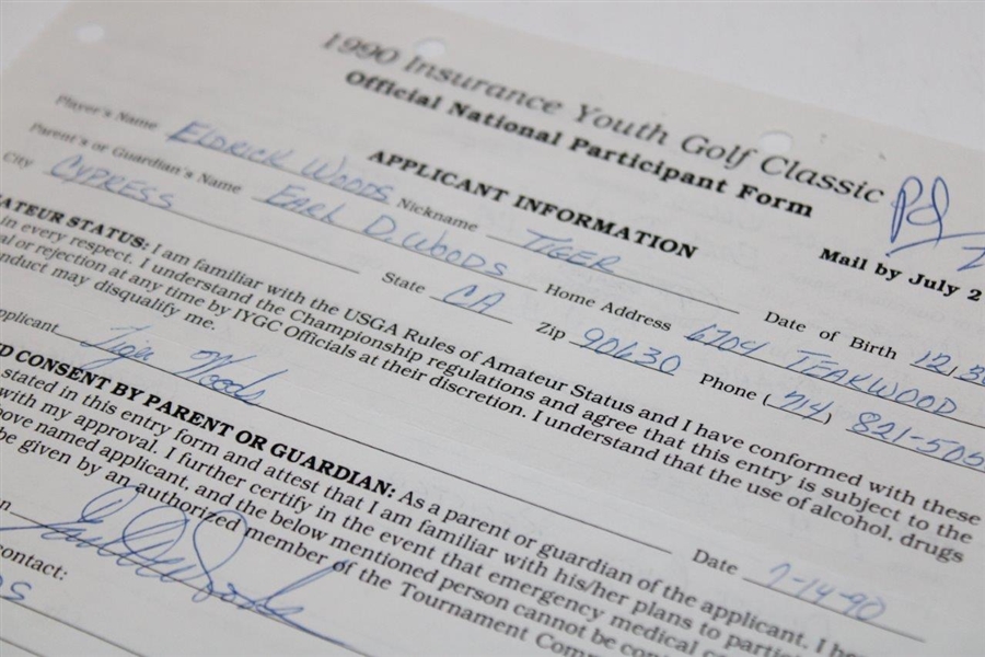 Tiger Woods Signed 1990 Insurance Youth Golf Classic Application - Earliest Known Signature! JSA #YY79571