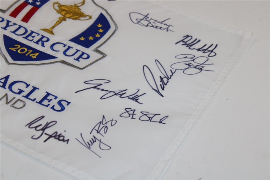 2014 Ryder Cup at Gleneagles Team USA & Captain Signed Embroidered Flag JSA ALOA