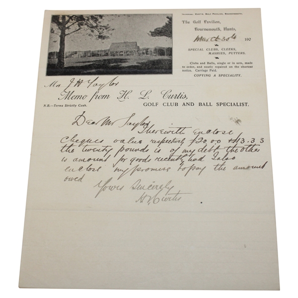 Hand Written Letter To J.H. Taylor From H.L. Curtis