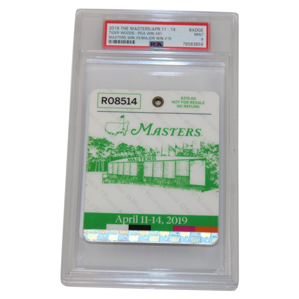 2019 Masters SERIES Badge #R08514 - Tiger Woods 5th Masters Win - PSA MINT 9