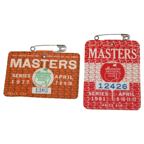 1977 & 1981 Masters Tournament SERIES Badges #1303 & #12426 - Tom Watson Winner