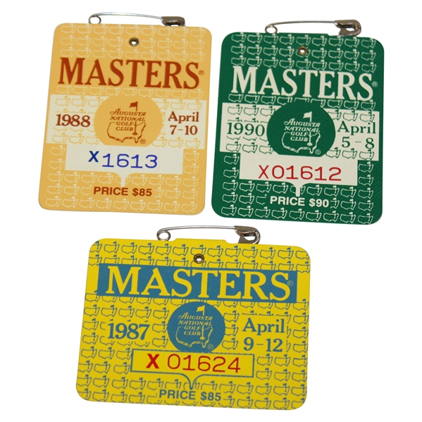 1987, 1988 & 1990 Masters Tournament SERIES Badges - Mize, Lyle & Faldo Winner