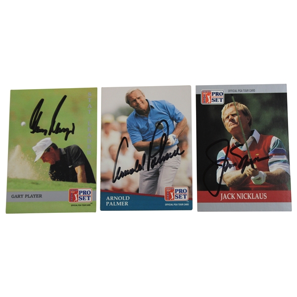 Big 3 Palmer, Nicklaus & Player Signed Senior PGA Tour Pro-Set Golf Cards JSA ALOA