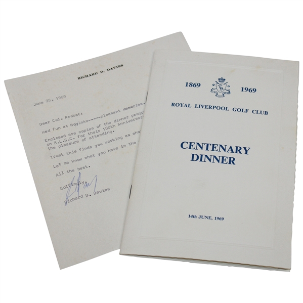 1969 Royal Liverpool Golf Club at Holyoke Centenary Dinner Program with Letter