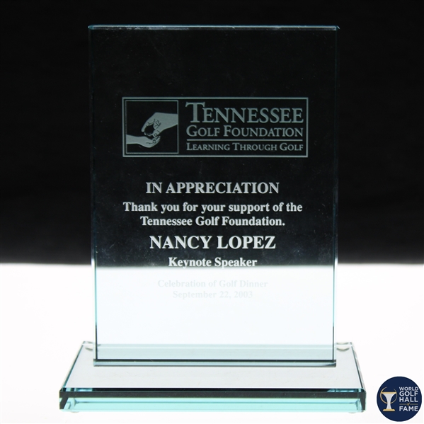 2003 Nancy Lopez Tennessee Golf Foundation Glass Appreciation Plaque - WGHoF Collection