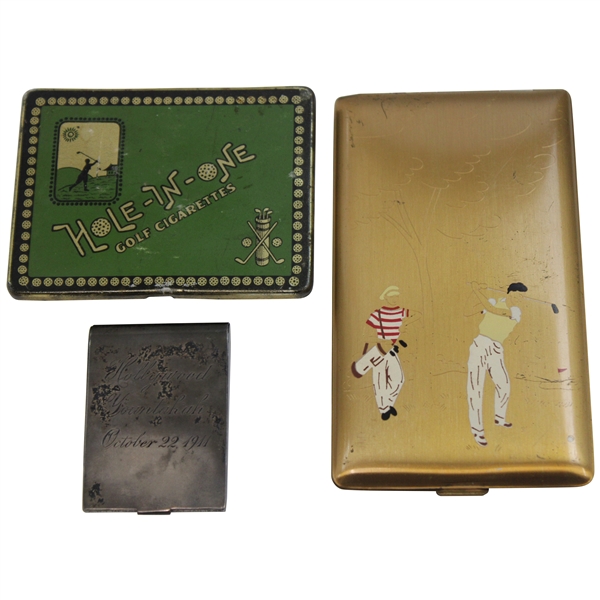 Two Vintage Golf Theme Cigarettes Holders & Sterling Silver Match Holder Dated October 1911