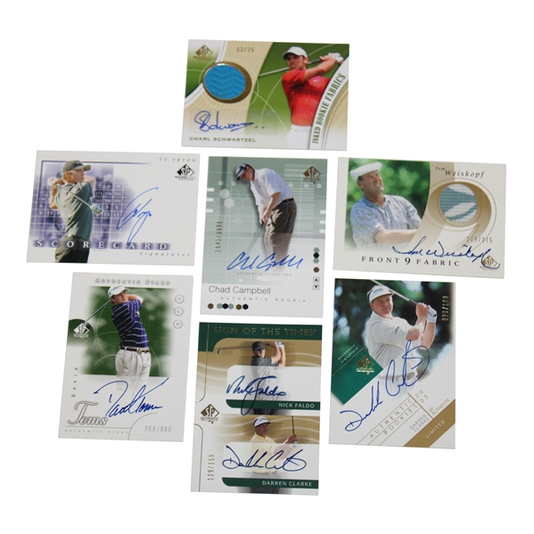 Seven (7) Various Golf Cards: Toms, Faldo, Clarke, Schwartzel, Weiskopf, Campbell & Venturi