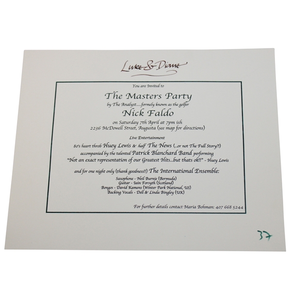 Invitation to Nick Faldo Hosted 2007 The Masters Party w/Huey Lewis & Half the News