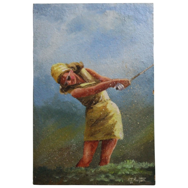 Original 1983 Female Golfer Painting on Board By Artist Pat Preston