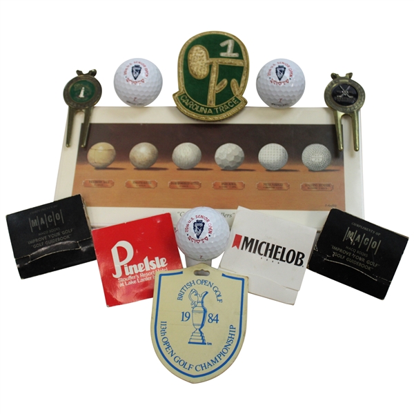 Assorted Badges, Divot Tools, Tees & Golf Balls Including "Golfs Holey Rollers Card